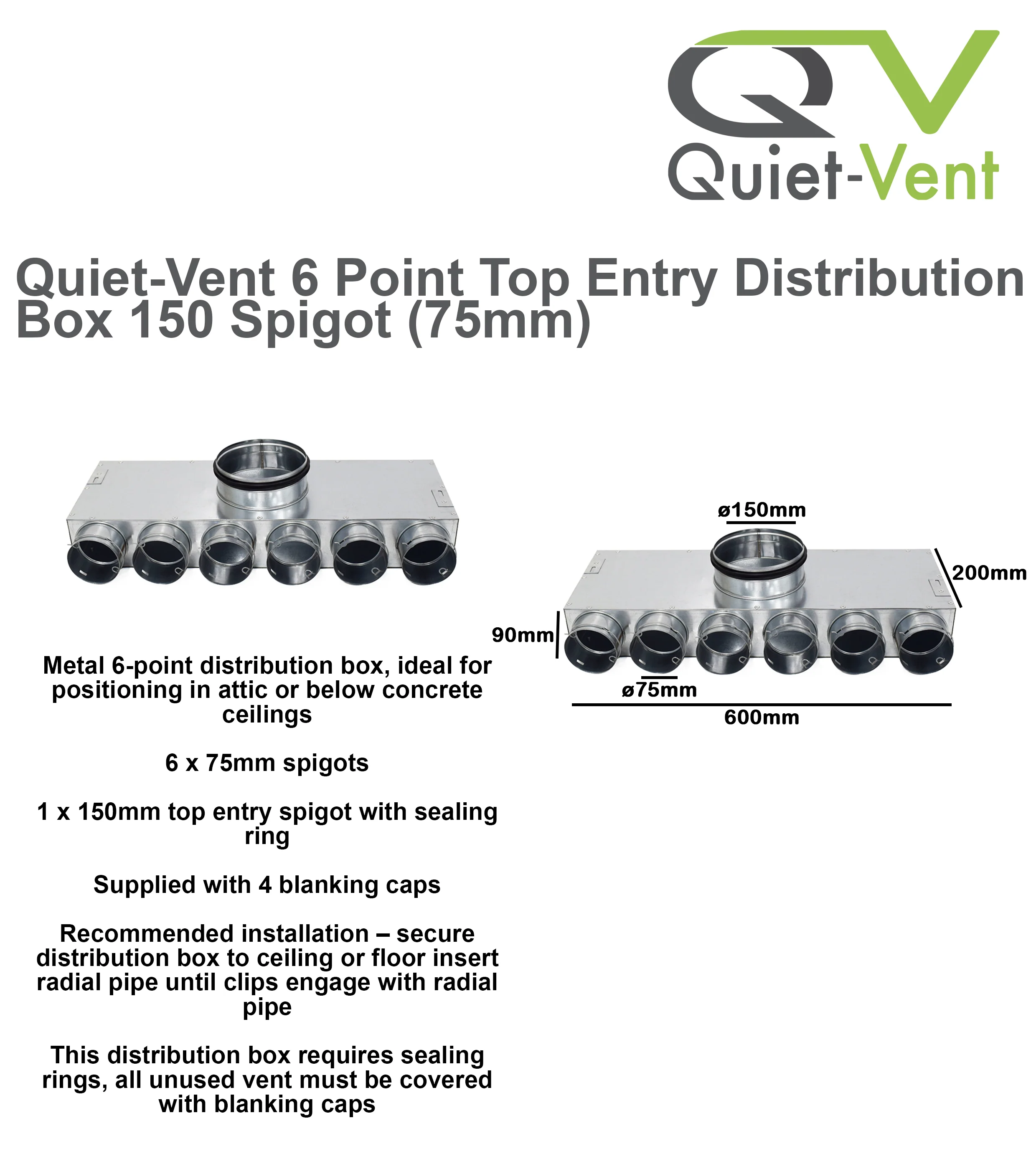 Quiet-Vent 75mm 6 Point Top Entry Distribution box 150mm spigot - Image 4